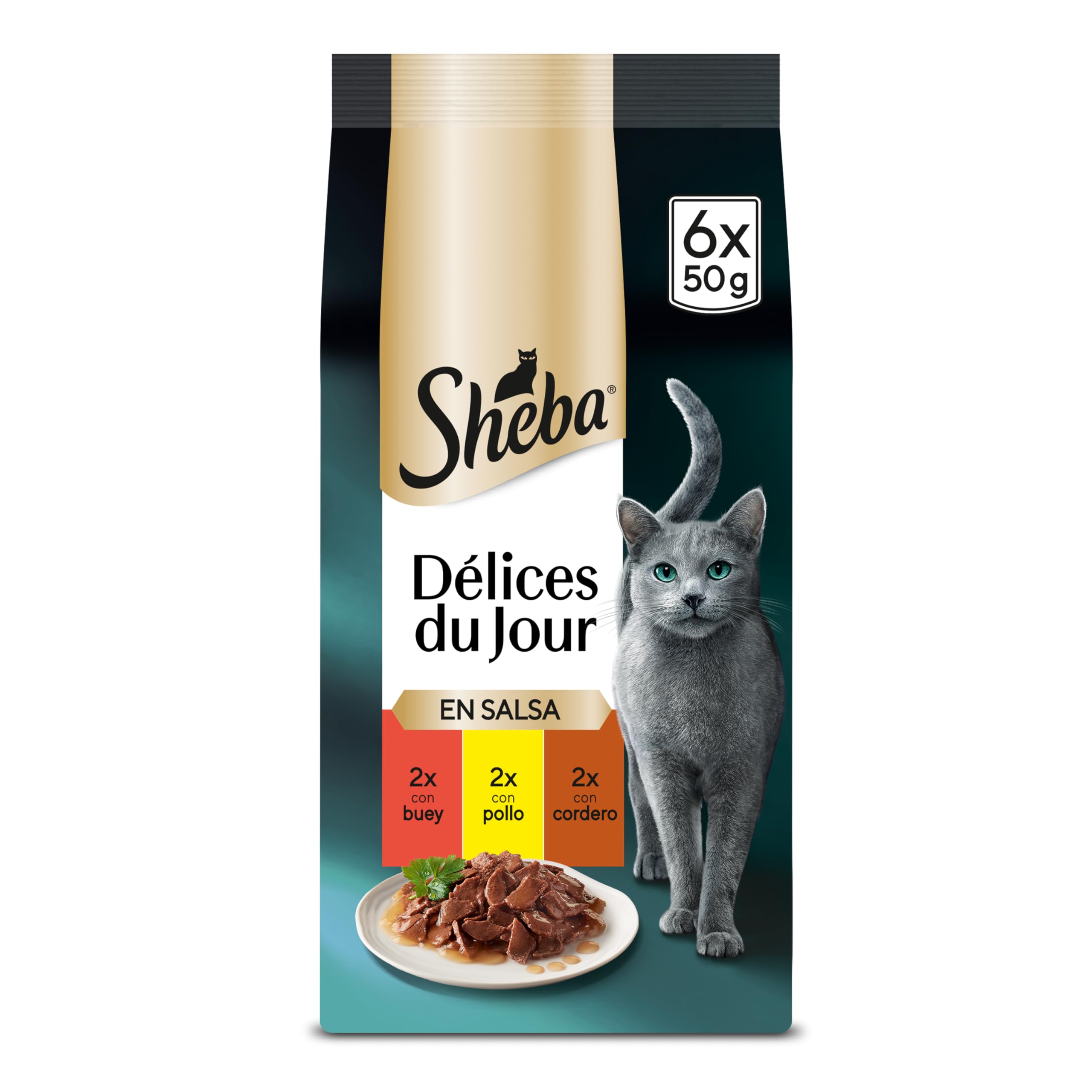 Sheba Délices du Jour Comida húmeda para Gatos, Sabor Carnes, Multipack (Pack de 12 x 6 bolsitas x 50g)