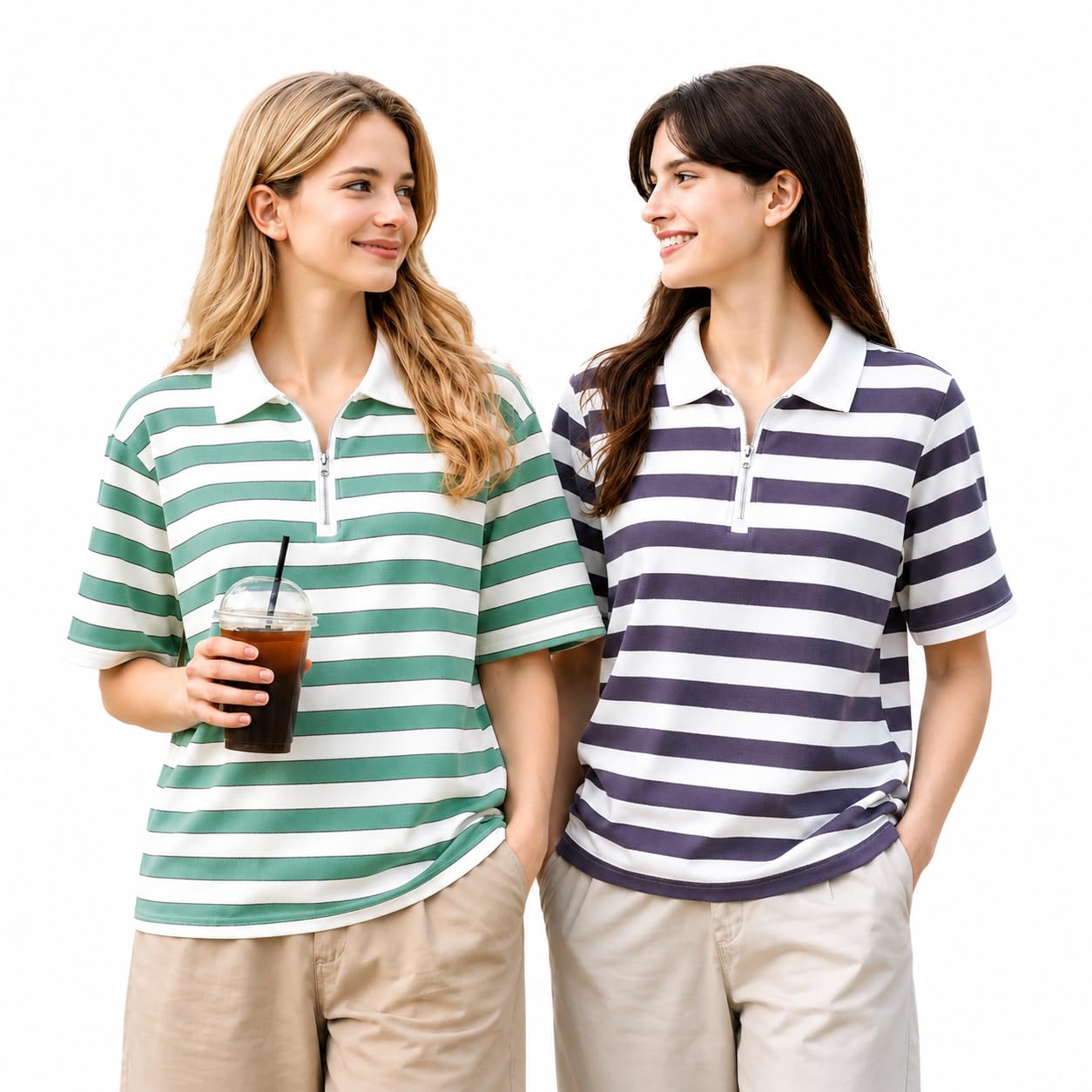 mack jonney Women's Regular Fit Striped Half Zip Polo T-Shirt | Cotton Blend | Collared Neck | Half Sleeve Casual Top (Pack of 2)-MJ-477-picture-25
