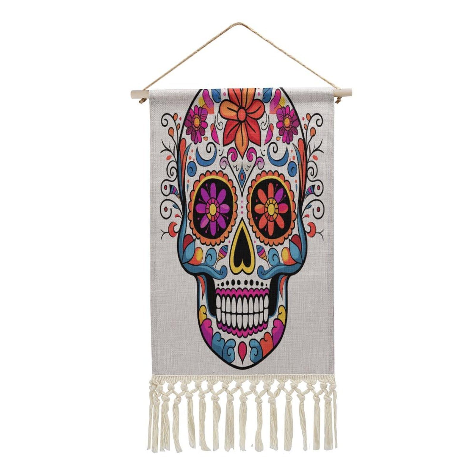 Adfgyerh Style Sugar Skull Tapestry With Tassels Cotton And Linen Hanging Posters, Wall Art For Travel Gift, Wall Tapestry For Office Home Decor Bedroom Living Room Decor