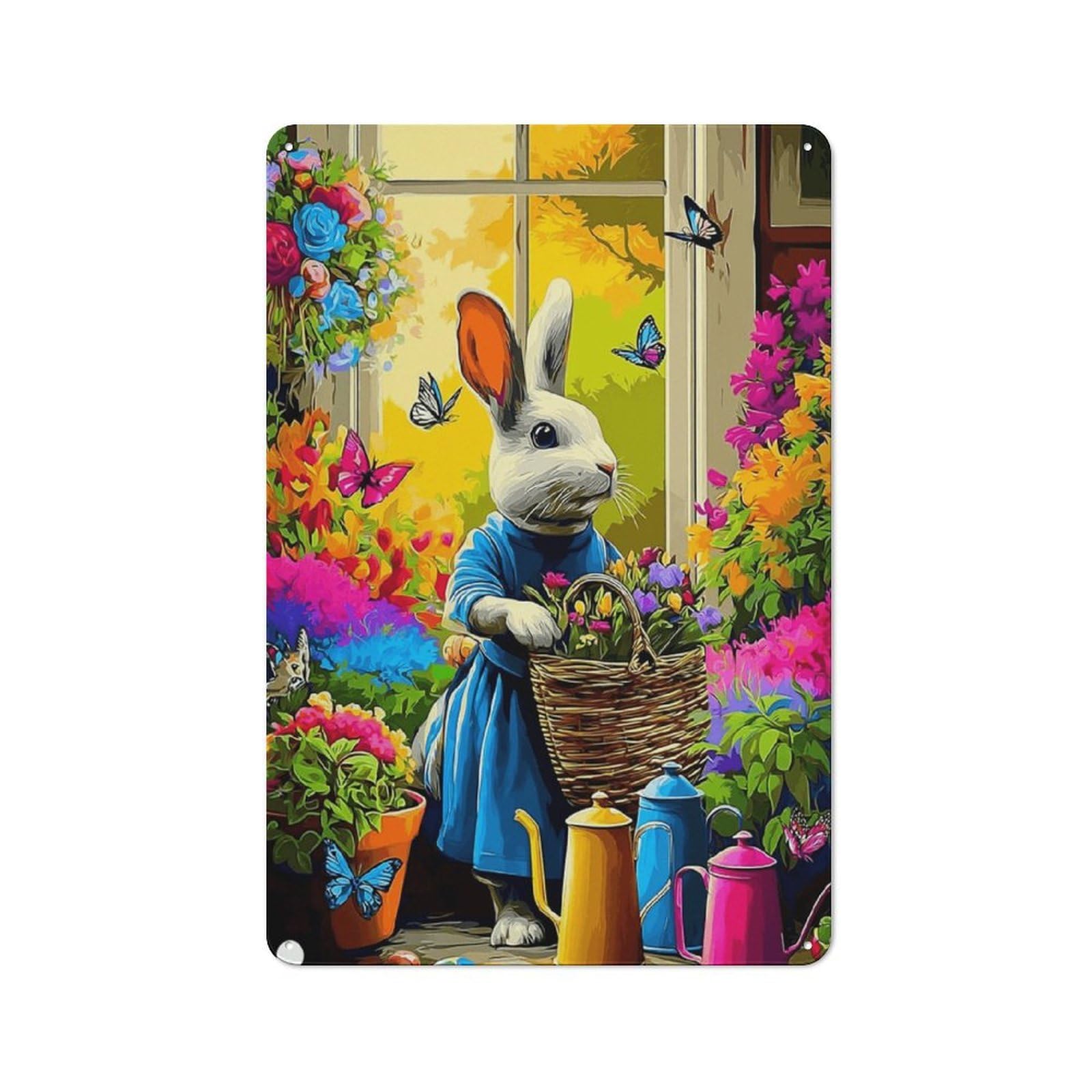 Junmoney Spring Garden Bunny With Flowers Farmhouse Metal Sign 30X20cm, Barn Style Rustic Kitchen Decor For Cottage, Kitchen, Hallway Or Breakfast Nook
