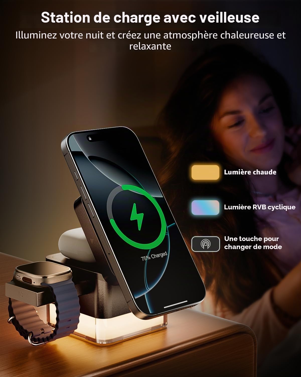 KPON Station de Charge pour iPhone et Apple Watch, Station de Charge iPhone 4 en 1 Cube Pliable avec Charge Rapide 15W et veilleuse, Chargeur Compatible avec iPhone