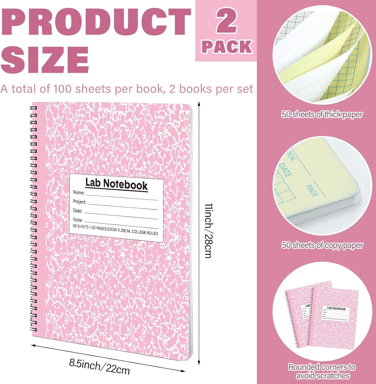 Affrolling 2 Pack Carbonless Lab Notebook Carbon Copy 8.5'' x 11'' 50 Sets of Pages 100 Pages Total Laboratory Engineering Chemistry Computation Notebook Science Grid Coil Binding(Pink and White)