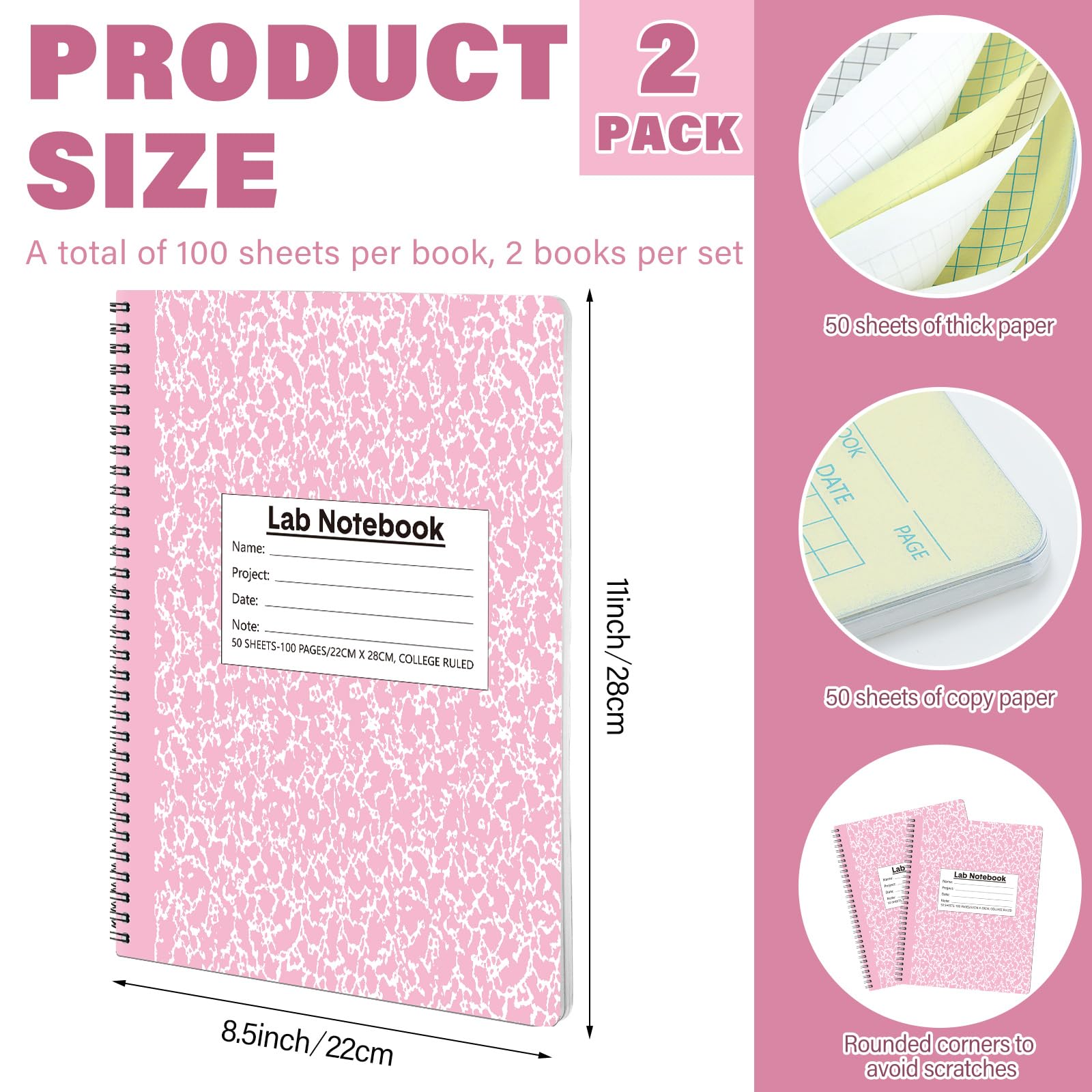Affrolling Labor-Notizbuch, 2 Stück, kohlenstofffrei, 21,6 x 27,9 cm, 50 Sätze von Seiten, 100 Seiten, insgesamt Labor, Technik, Chemie, Berechnung, Notizbuch, Wissenschaftsraster, Spulenbindung (Rosa