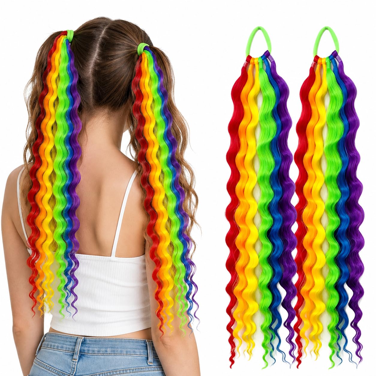 Rainbow Ponytail Extension for Women, Crazy Hair Day Accessories, Tie-in Curly Wavy Ponytail with Elastic Band, Wacky Carnival Hairpiece, 18 Inch, 2 Packs