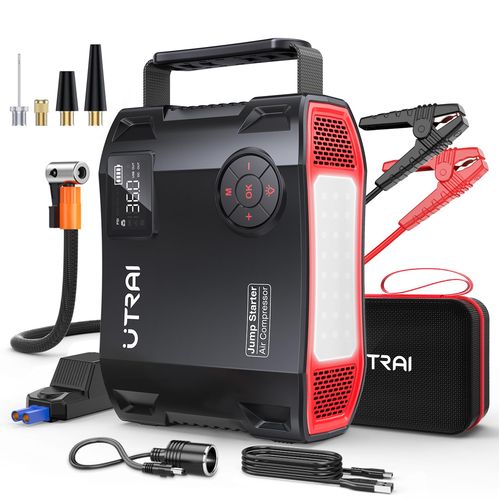 UTRAI ジャンプスターター 空気入れ付き 6000A大電流 27000mAh 大容量 150PSI空気入れ 12V車 スターター（ガソリン車・12L以下ディーゼル・HV車）USB出力 QC3.0急速充電 LEDライト PSE認証済み商品画像