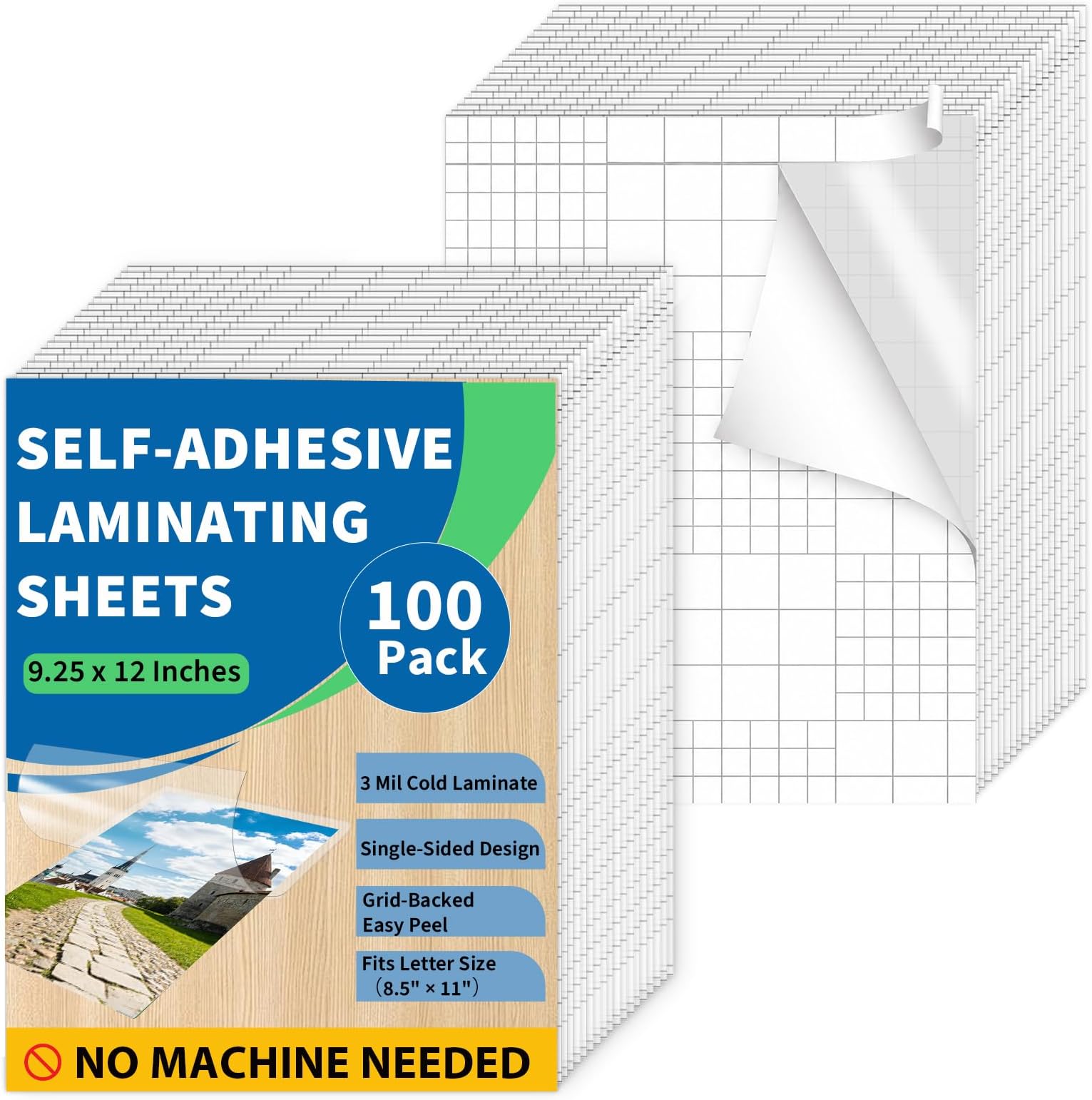 100 Pack Self-Adhesive Laminating Sheets, 9.25 x 12 Inches for Letter Size, Easy Peel Backing with Grid Lines, 3 Mil Thick, No Heat or Machine Needed, Clear Glossy Finish