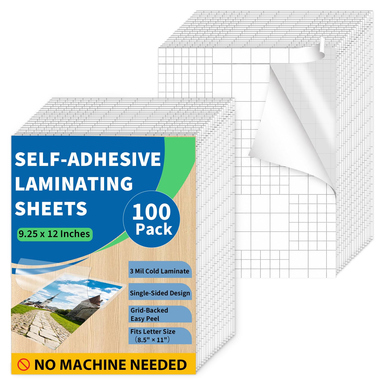 Binditek 100 Pack Self-Adhesive Laminating Sheets, 9.25 x 12 Inches for Letter Size, Easy Peel Backing with Grid Lines, 3 Mil Thick, No Heat or Machine Needed, Clear Glossy Finish