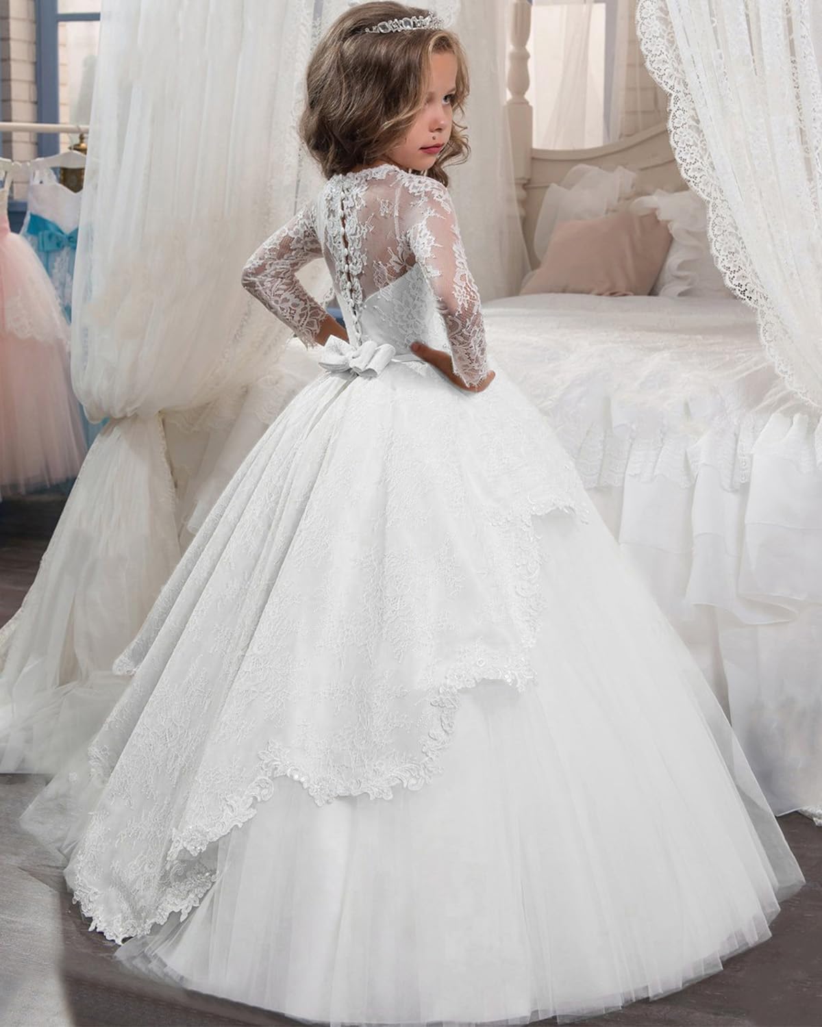 ABAO SISTER Girls' Elegant Lace Applique Floor Length Flower Dress Wedding Birthday Pageant Ball Gown - Image 3