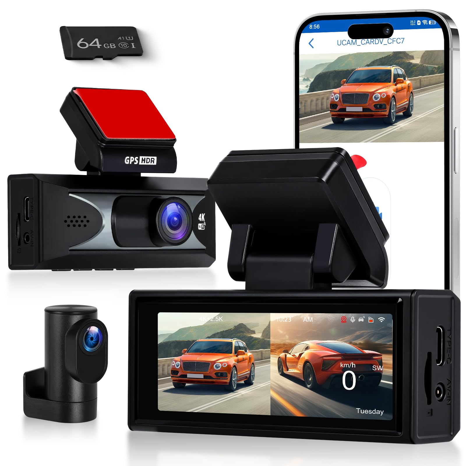 Hodozzy 4K Dashcam Cámara Frontal y Cámara Trasera 2,5K, Pantalla 3,16 Pulgadas, Cámara para Salpicadero de Coche, 5,8GHz WiFi App, ADAS BSD LCA, Sensor G Grabación en Bucle, Monitor en Aparcamiento