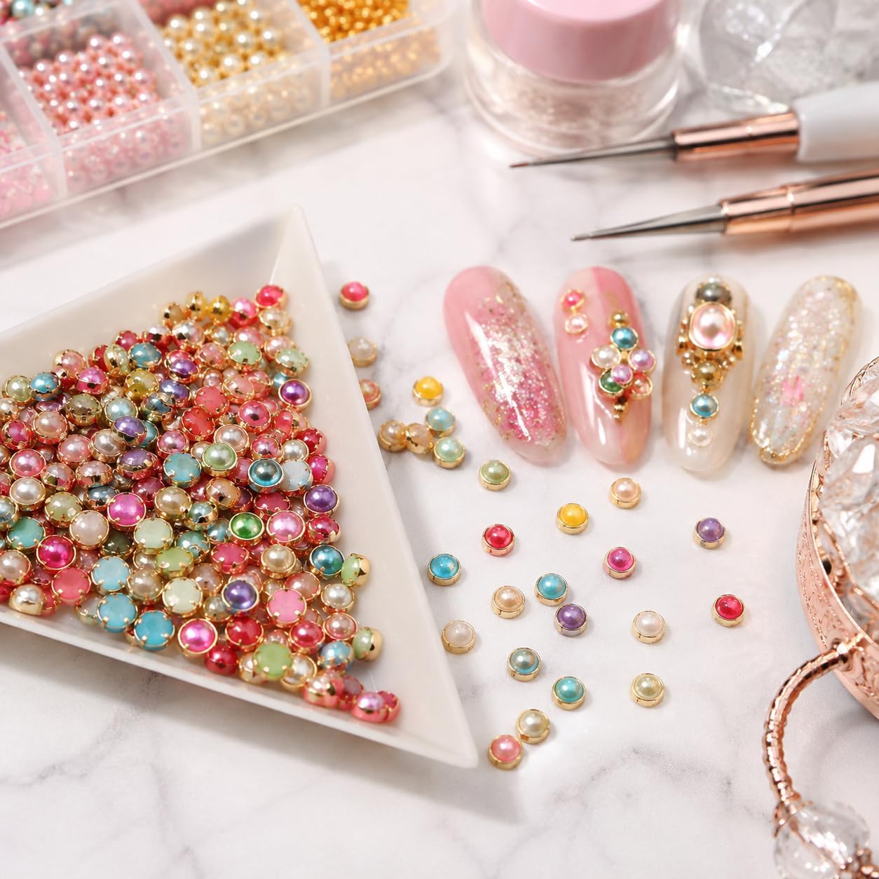 350Pcs 4mm Half Round ABS Edge Wrapped Imitation Pearls, Mixed Color Flatback Nail Art Pearl Beads, Japanese Style Nail Edging Decoration 10g for DIY Manicure
