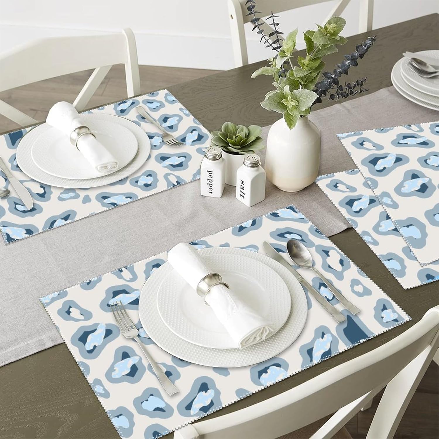 Light Blue and Gray Navy Leopard Cheetah Placemats Set of 6 Chinoiserie Animal Antelope Non-Slip Spring Place Mats Asian Dining Table Decor for Dining Kitchen Banquet Home Wedding Party