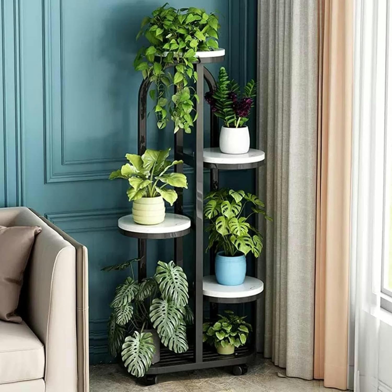 Interior Plants Support for 5 -Level Metal Corner Plants for Indoor Plants ， Supports for High Plants with Wheels for ，