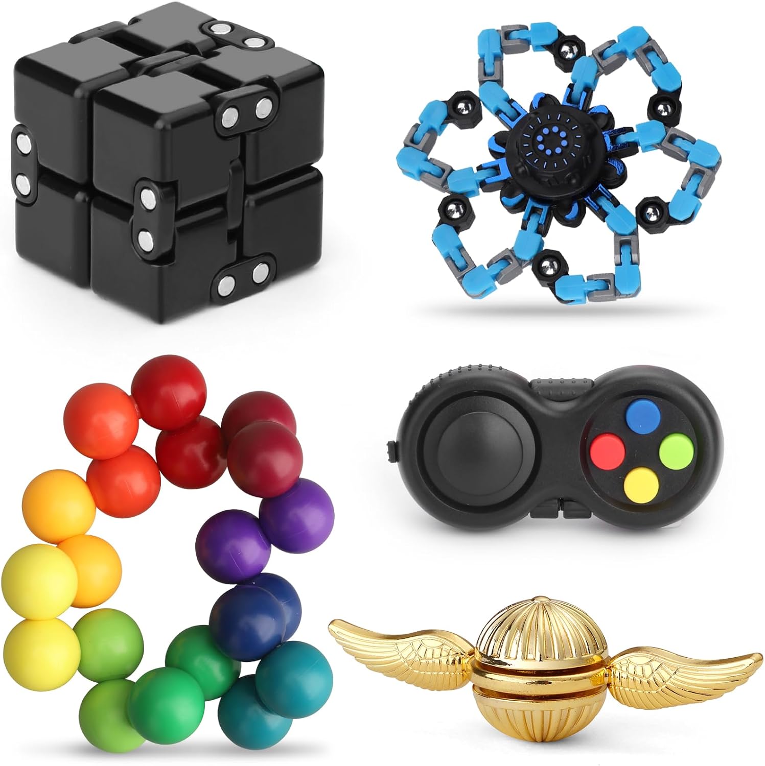 Fidget Toys Set 5 Pcs for Kids Adults, Sensory Pack with Figette Cube Pad Ball Metal Finger Spinner, Cool Gadget Desk Spinner Fingertip for Party Favors Christmas Stocking Stuffer Bulk
