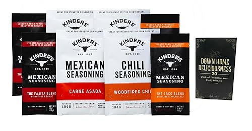 Kinder's Seasoning Rub 4 Flavor 8 paquetes de muestras  (2) cada uno Carne Asada, Taco, chile leñado, fajita (1 onza)  Paquete de folleto de recetas