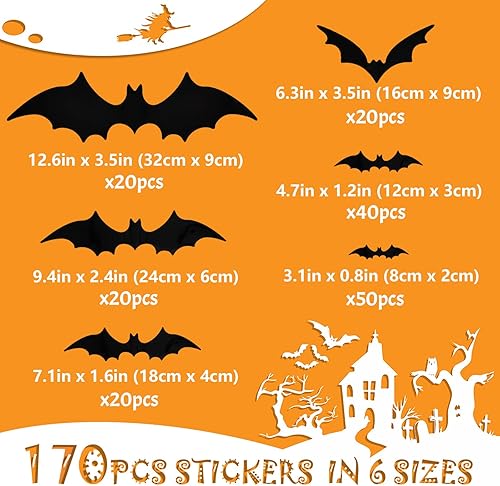 Miniatura 9 de Decoraciones de Halloween de murciélagos, 100 piezas de decoración de pared de murciélagos 3D, 6 tamaños de calcomanías de murciélago de PVC,