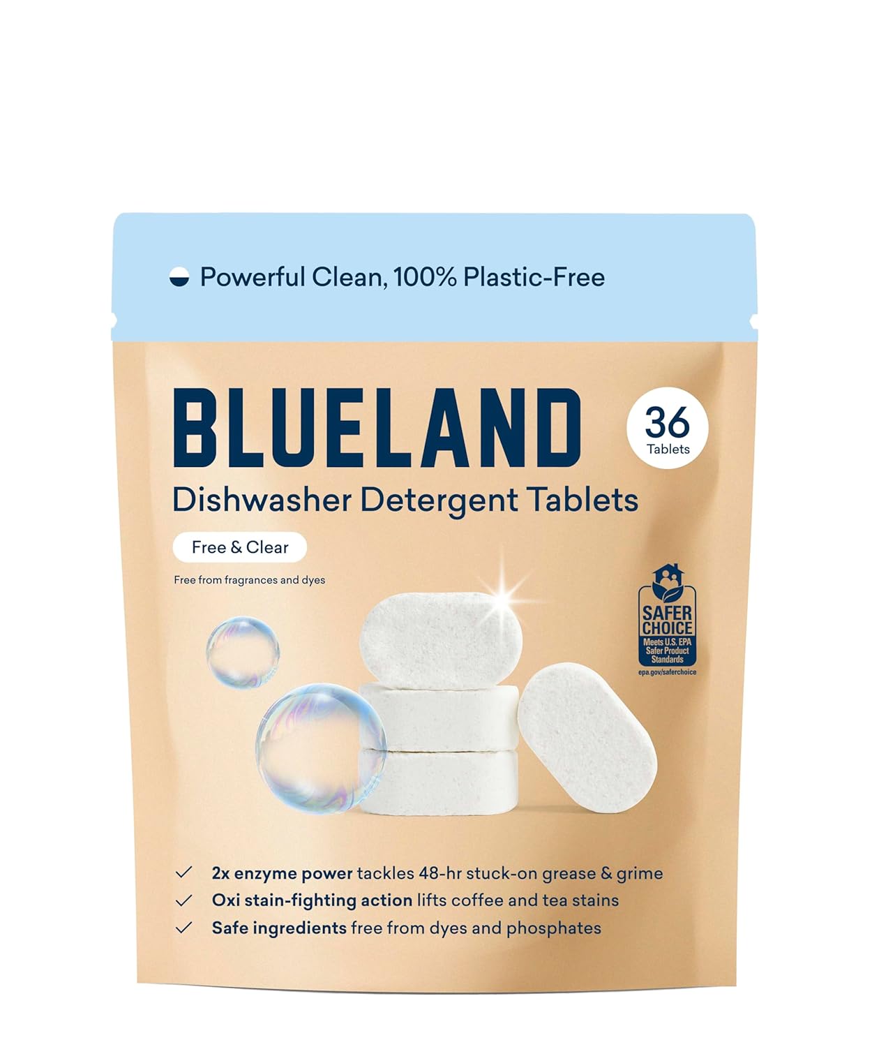 BLUELAND 100 Plastic-Free Dishwasher Detergent Tablets 36 Count Free Clear Eco-Friendly Dishwashing Pods Natural USDA Certified biobased