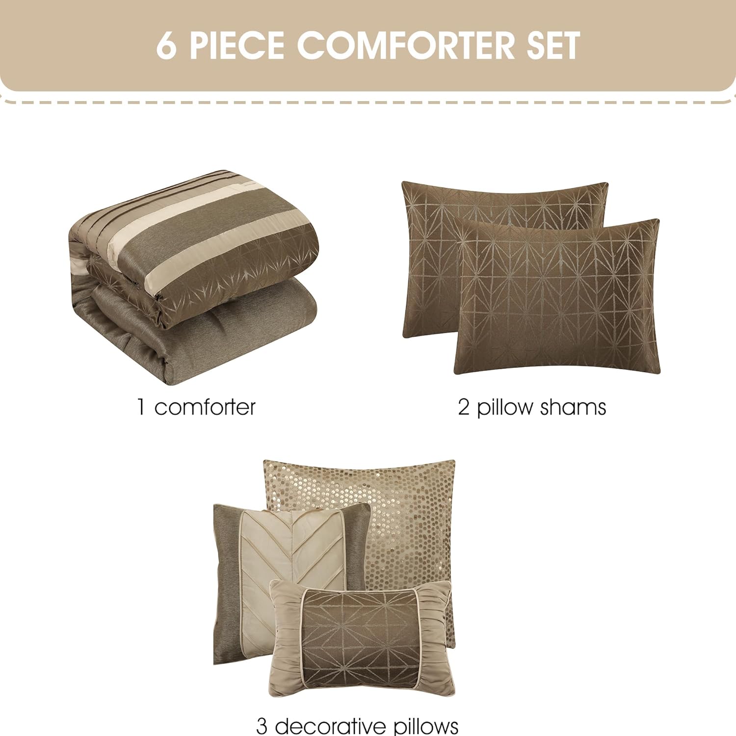 Stratford Park Geometric 6 Piece Comforter Bedding Set for Man, Beige Taupe, Bed Size Queen