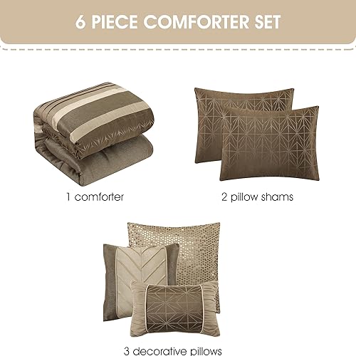 Miniatura 3 de Grand Avenue Juego de edredón geométrico beige y gris pardo para cama Queen, 6 piezas, juegos de ropa de cama y colecciones jacquard