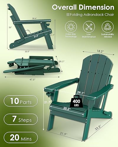 Miniatura 3 de GREENVINES Juego de sillas plegables Adirondack de 2 unidades  Plástico HDPE  Silla para hoguera  Para todo tipo de clima  Con portavasos  Diseño de