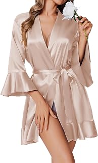 Women's Satin Robe Short Ruffle Hem Silky Robes Lightweight Kimono Brides Bathrobes Sleepwear