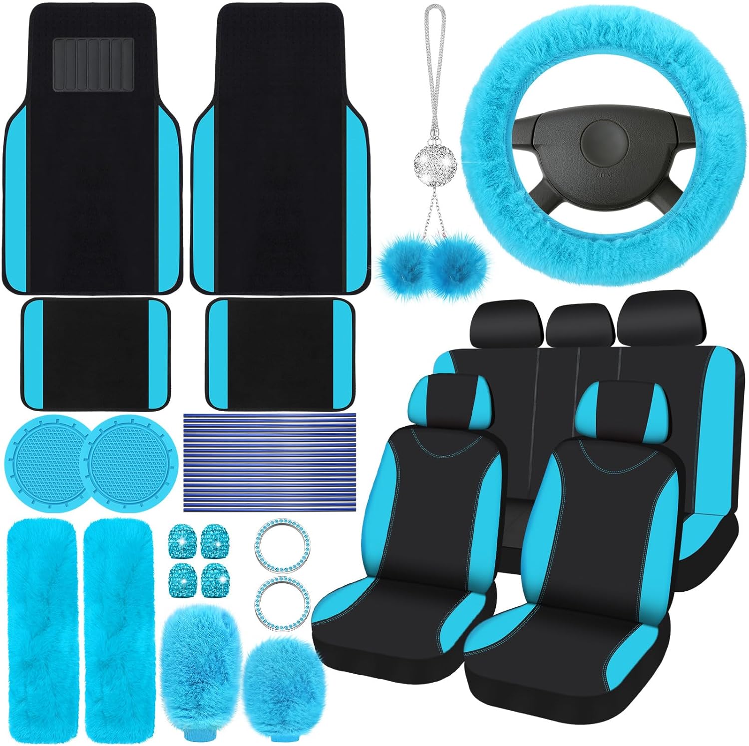 Woanger 47 Car Seat Cover Full Set for Women Included Car Front Rear Seat Fluffy Steering Wheel Cover Belt Automotive Floor Mats Air Conditioner Decoration Strip Universal(Lake Blue)