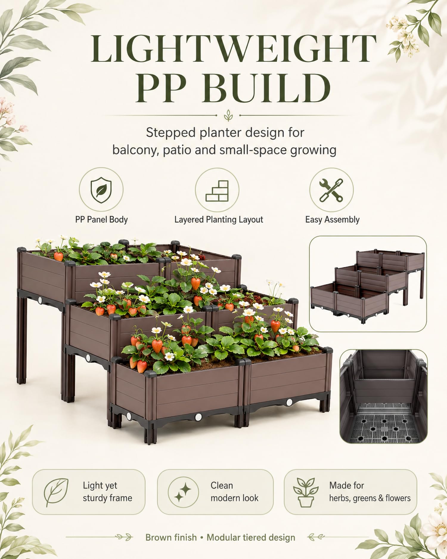 Huerto Urbano para Balcón Y Terraza, Mesa De Cultivo En PP De 3 Niveles con Drenaje, Jardinera para Verduras, Hierbas, Flores Y Plantas Pequeñas Al Exterior,90 * 60 * 33cm/35 * 23 * 12in