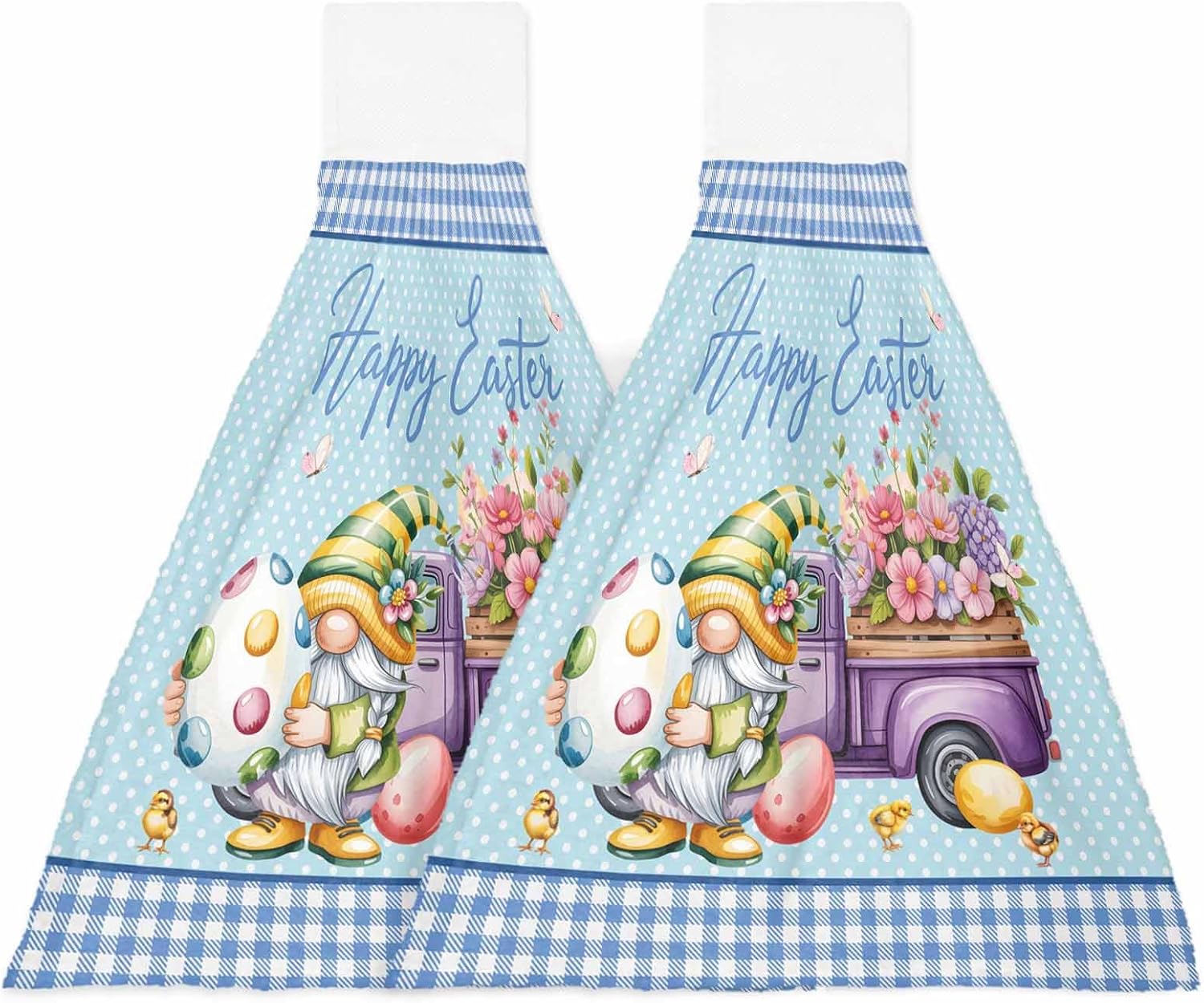 Easter Kitchen Hand Towels with Hanging Loops Set of 2 Gnomes Colorful Dots Eggs Truck Flowers Blue Plaid Soft Thick Oven Fingertip Dry Microfiber Tie Dish Towel Absorbent Cleaning Washcloth