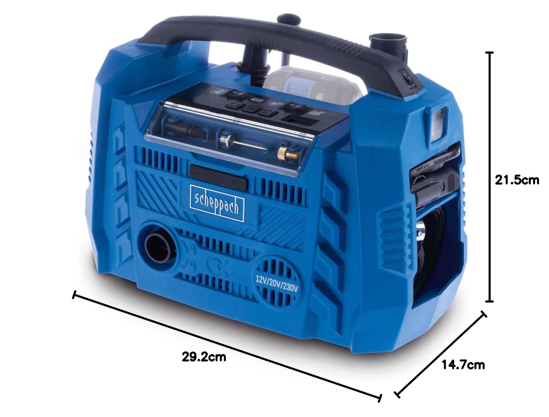 Scheppach Akku Kompressor Airforce 6 | Luftleistung 21 L/min | Arbeitsdruck 10,3bar | 3 Antriebsarten 230V/20V/12V (PKW) | USB-A & USB-C | 20V-IXES-Serie | 10 Jahre Garantie | Ohne Akku & Ladegerät