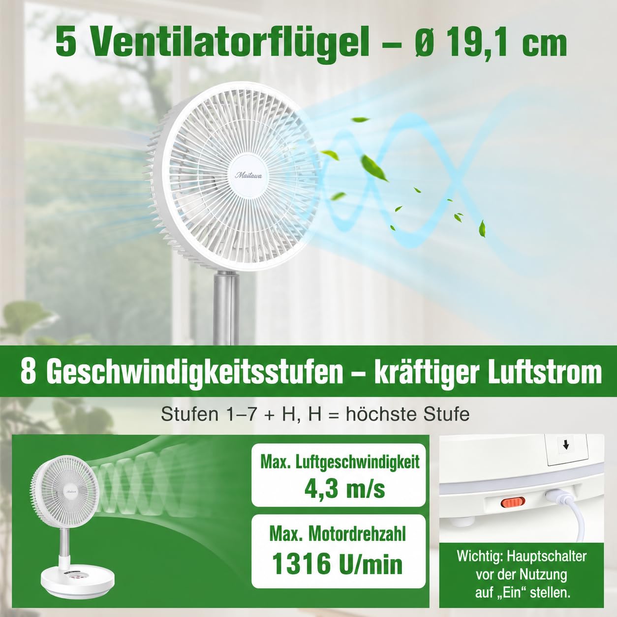 Faltbarer Ventilator mit Fernbedienung 10000mAh Akku Typ-C-Anschluss