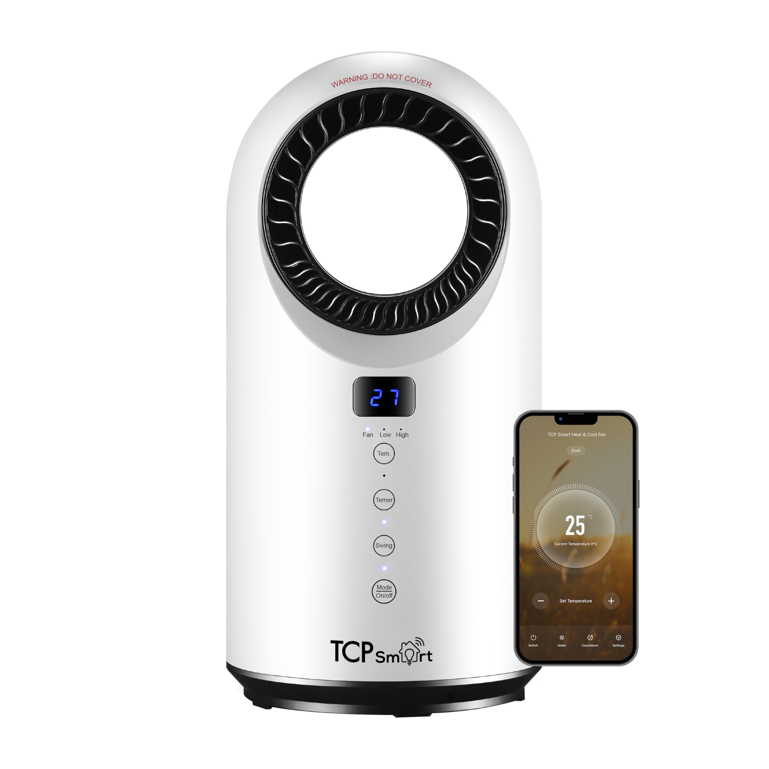 Portable Bladeless Heater Fan 1500w White with App, WiFi, 2 Heat Modes & 1 Cool Mode, Voice Control Works with Alexa, Google Home & Siri Shortcuts, LED Display, Smart Schedules & Timers