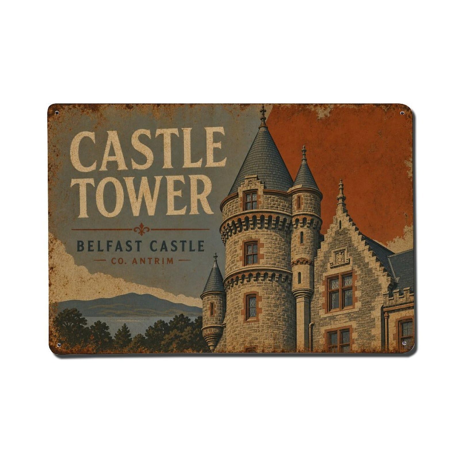 Fyrn Style Metal Tin Sign Vintage Travel Belfast Castle Tower Ireland