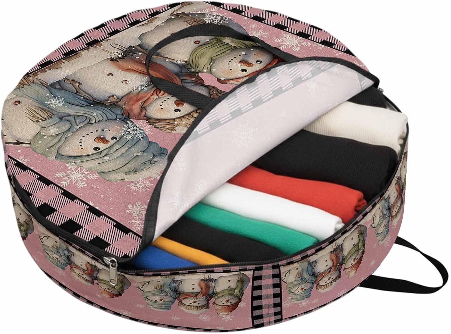 Christmas Cute Round Storage Bag 36 Inch, Snowman Pink Buffalo Plaid Clothes Storage Container with Handles Heavy Duty Organizer for Comforter, Bedding & Holiday Wreaths