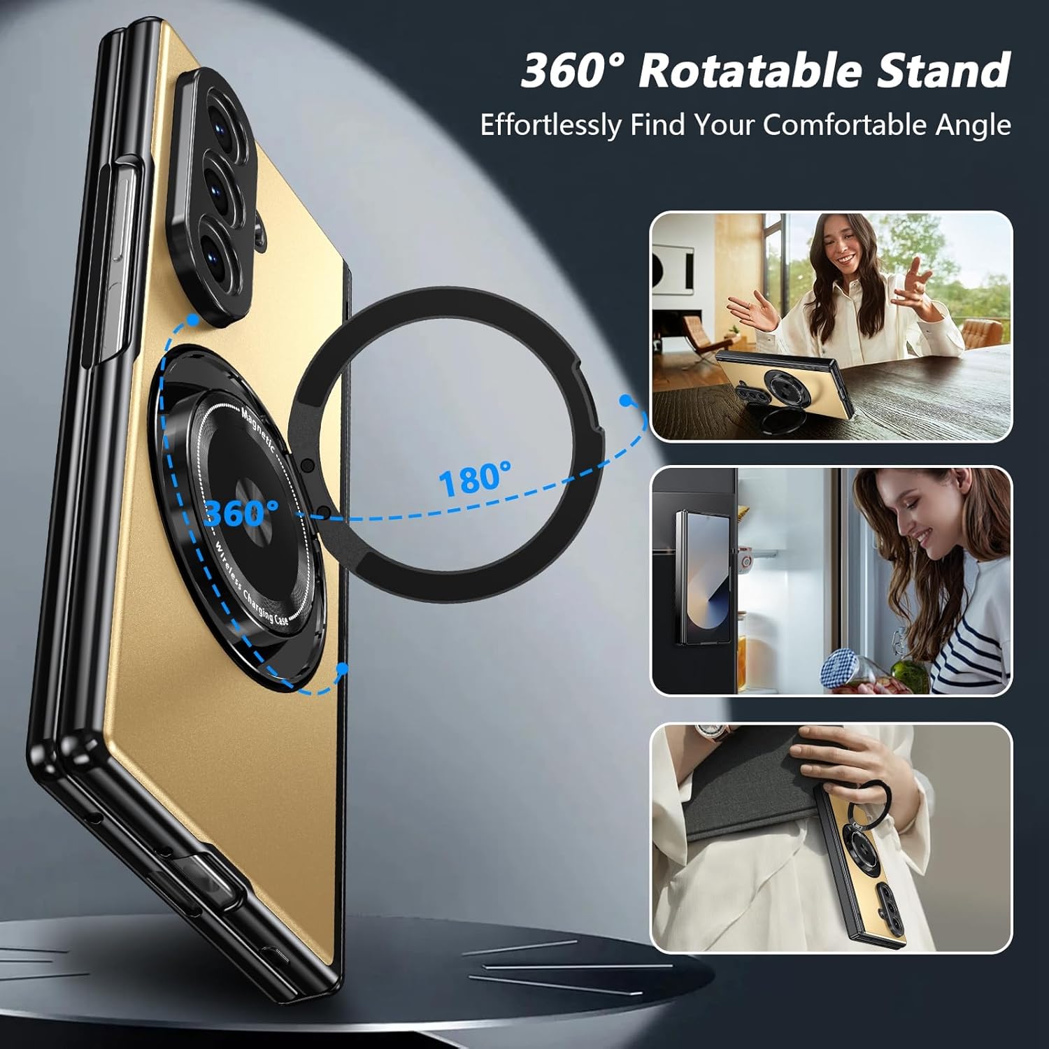 for Samsung Galaxy Z Fold 7 Case with Magnetic Ring Holder, 360 Rotating Bracket, Hinge Protection and Built-in Front Screen Protector, Slim Anti-Drop Shockproof Case.- Gold