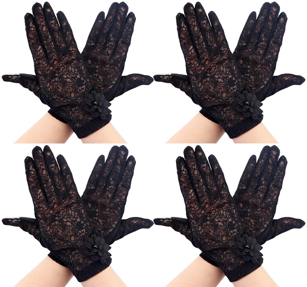 Coolwife Lace Gloves 4 Pairs Women Floral Ladies Bridal Tea Party Vintage Cosplay Fancy Dress Wedding Gloves (Black)