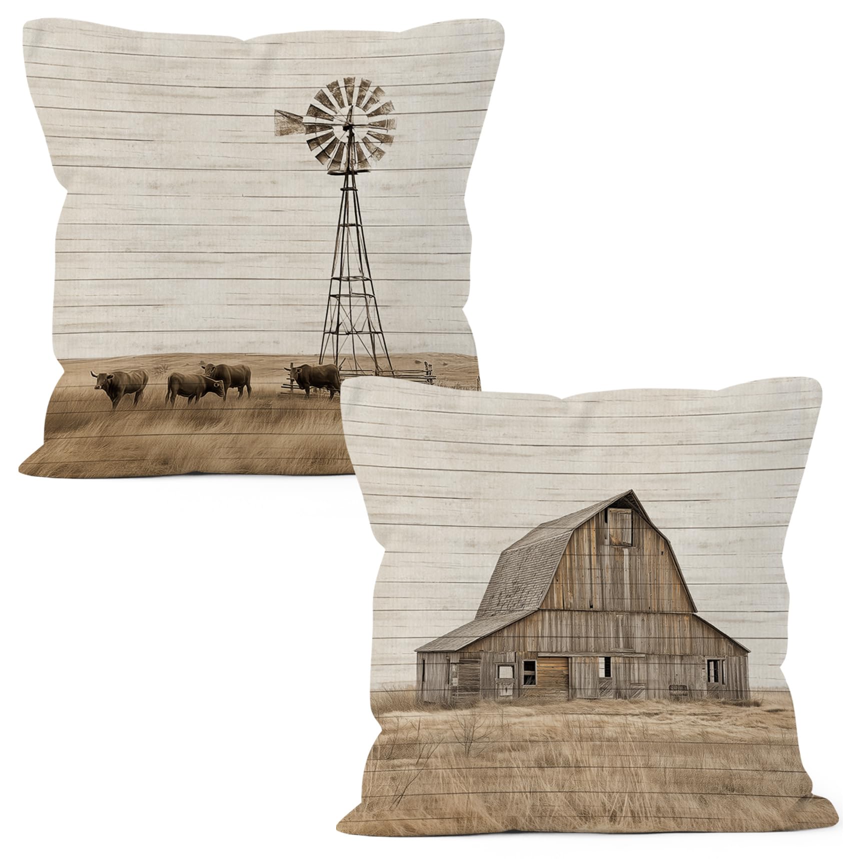 Farmhouse Windmill Barn Cow Gifts Throw Pillow Covers 18x18 Set of 2, Rustic Country Decor Pillow Cases for Bedroom Living Room, Vintage Cottagecore Decorative Pillowcases for Couch Bed Sofa