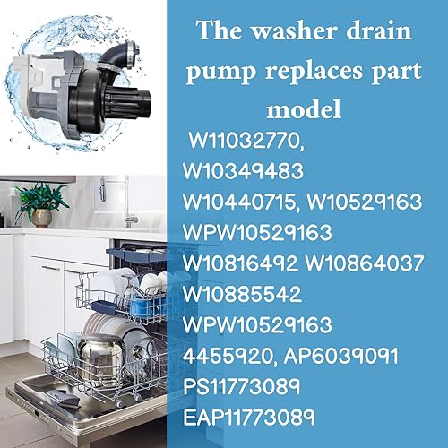 Miniatura 4 de W10529163 W11032770 Bomba de circulación para lavavajillas Motor Bomba de drenaje para lavavajillas compatible con W10885542 WDF760SADM, AP6039091,