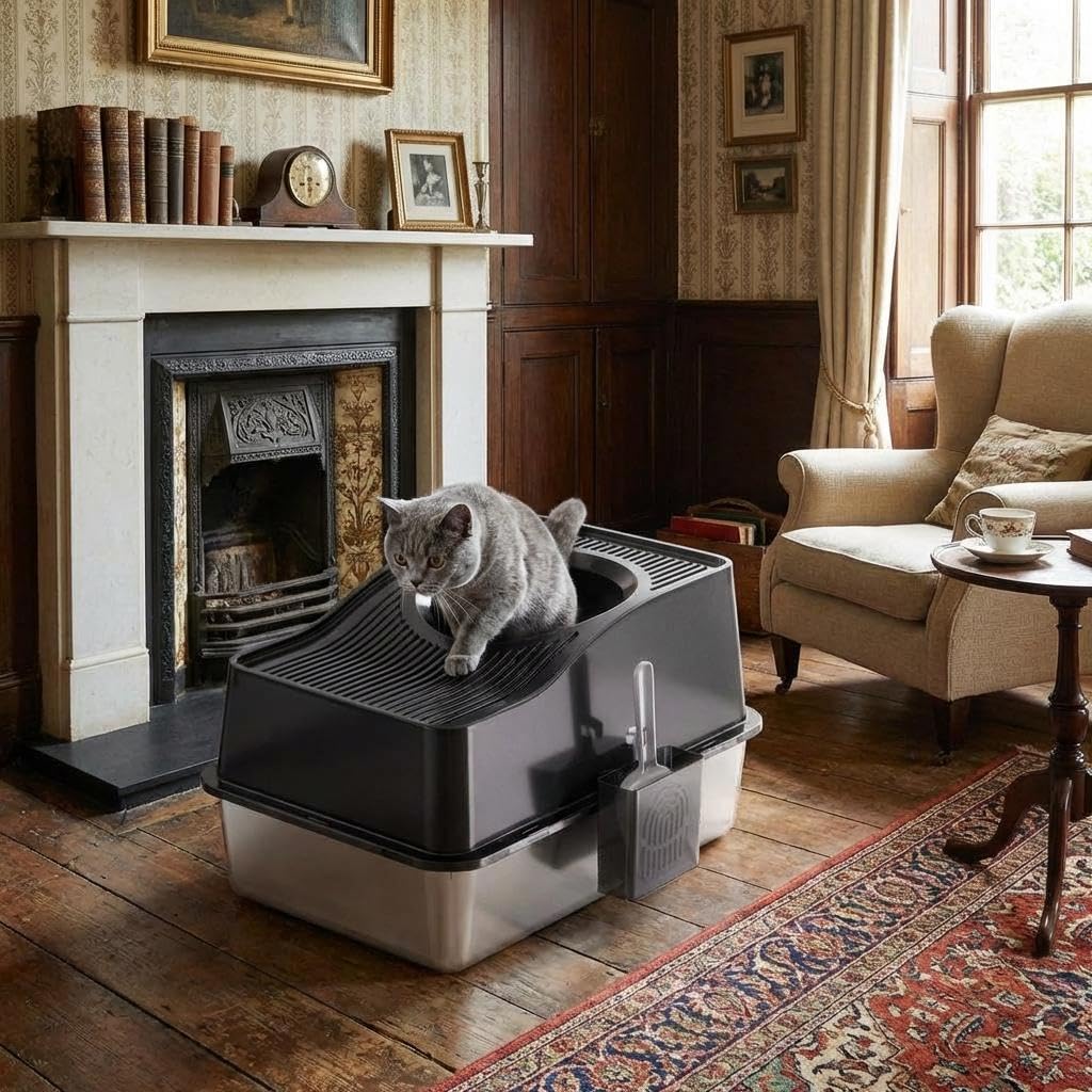 GarveeMore Stainless Steel Cat Litter Tray with Lid, Large Top Entry Enclosed Cat Toilet, High Sided Odour Control & Anti Tracking Cat Litter Box with Scoop & Mat (Black, 15cm Base)