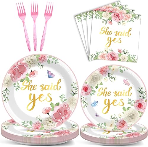 ZOIIWA 96 piezas Platos y servilletas "She Said Yes" Decoraciones de compromiso Platos y servilletas de papel para postres "She Said Yes" Juego