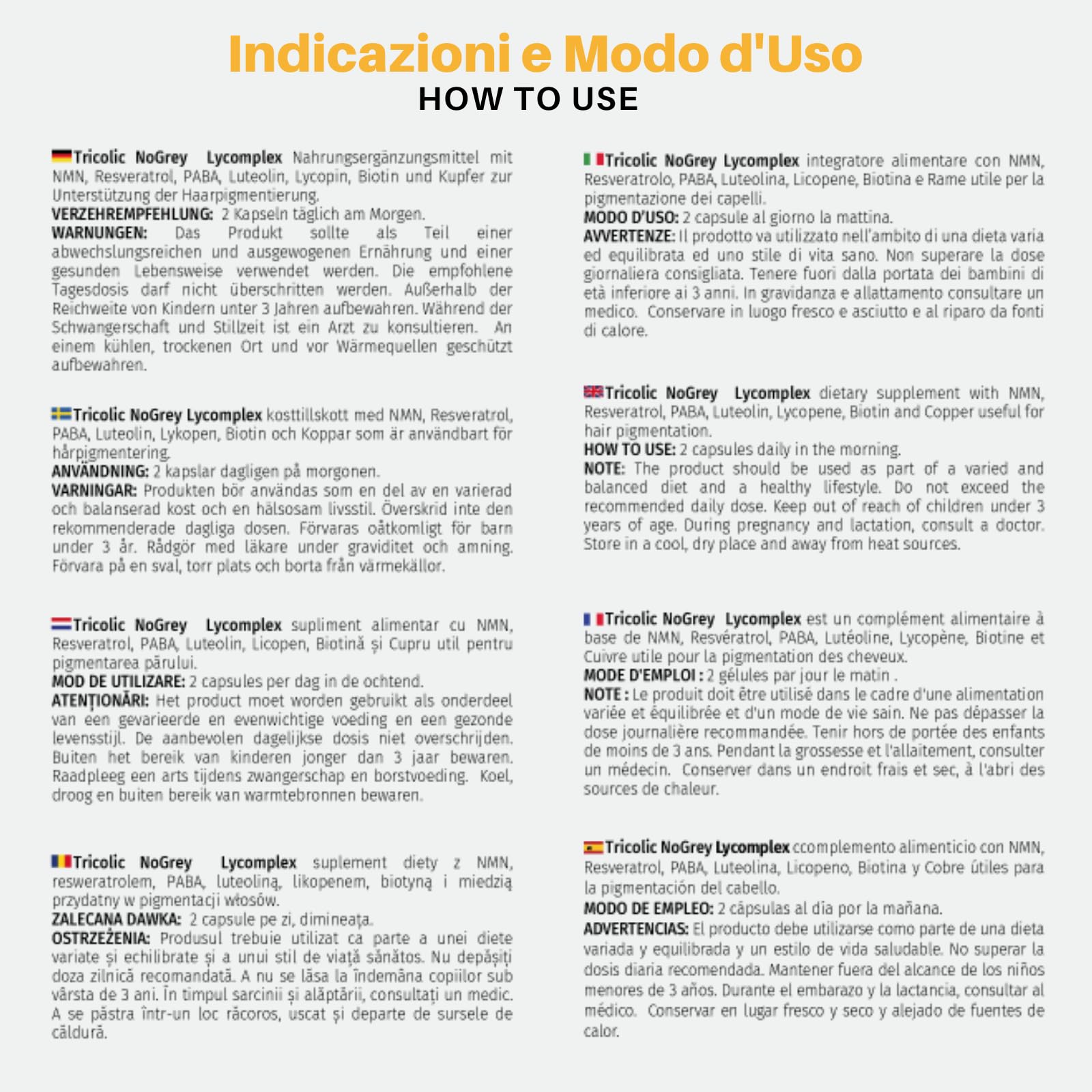 Tricolic NoGrey Lycomplex | Integratore Antigrigio e Antietà per Capelli | Sostiene la Naturale Colorazione dei Capelli | Con NMN, Resveratrolo, Rame e Biotina | 60 Capsule Vegetali
