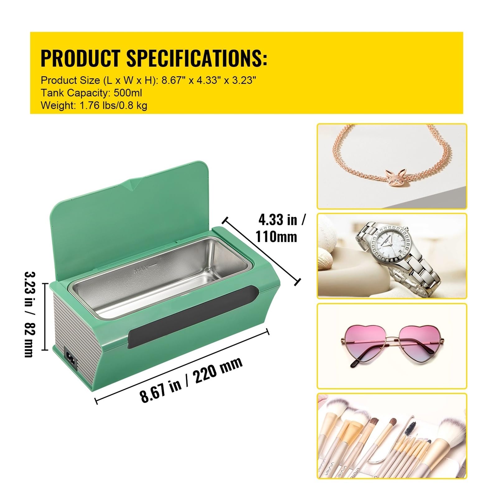 Pulitore Ultrasuoni, Pulitore Ad Ultrasuoni Da 500 Ml Mini Lavatrice Portatile Bagno Dispositivi Di Pulizia A For Occhiali Elettrodomestici(Silver)