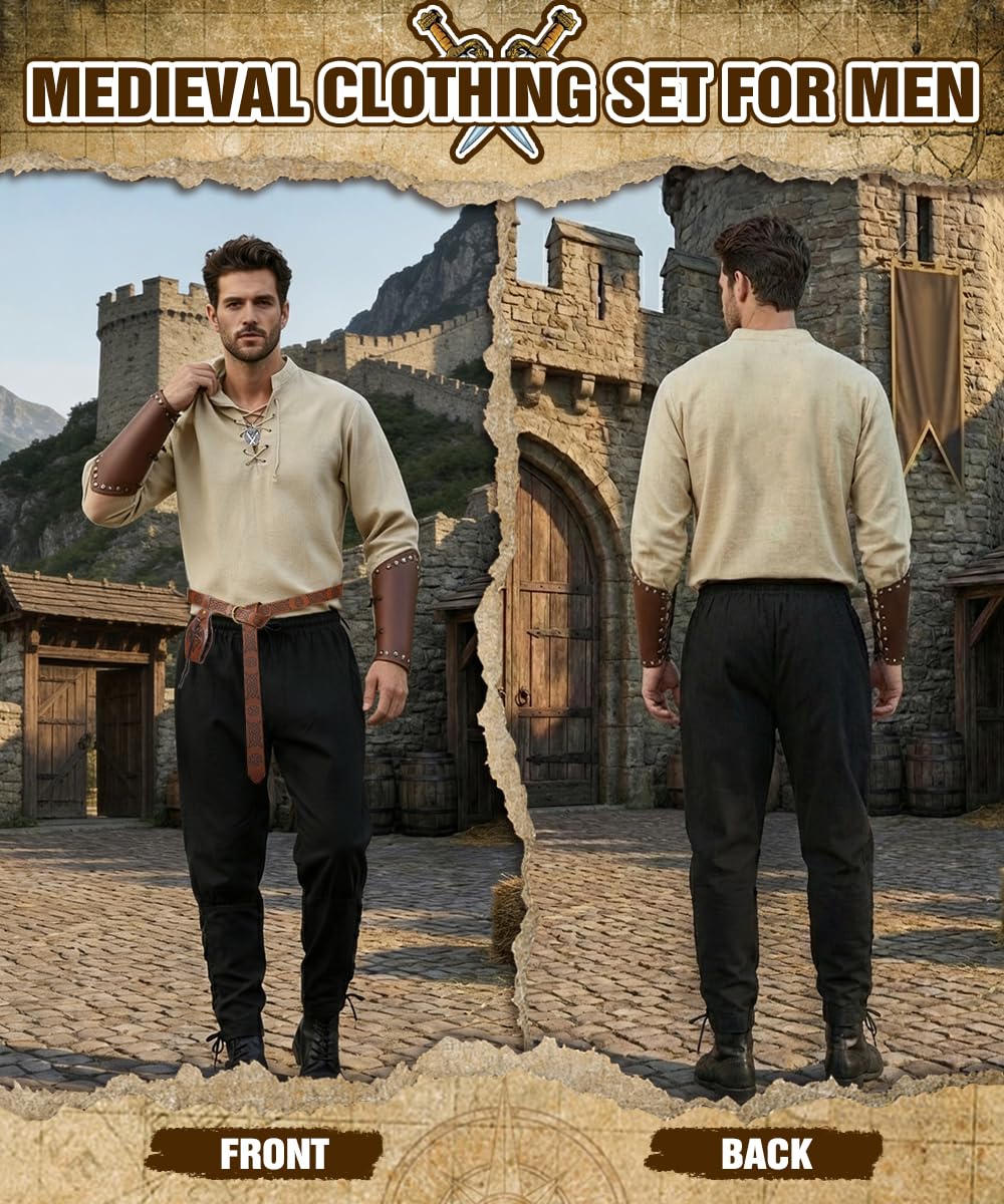 Disfraz Caballero Medieval, Vestido Medieval Caballero con Pulsera Cinturón, Regalo para Hombre, Conjunto de Ropa de Época para Carnevale Cosplay Halloween Cumpleaños