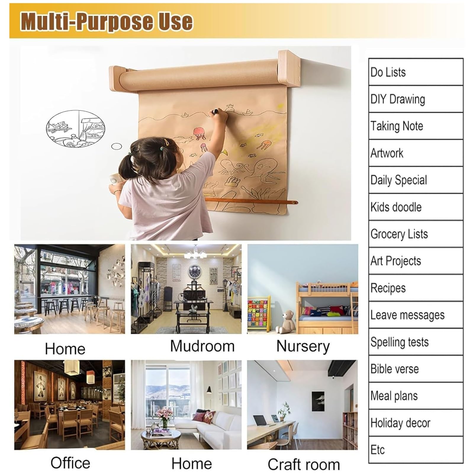 Distributeur de papier kraft mural robuste avec rouleau de 50 m pour gribouillage d'art et affichage de menus, idéal pour les enfants et les cafés