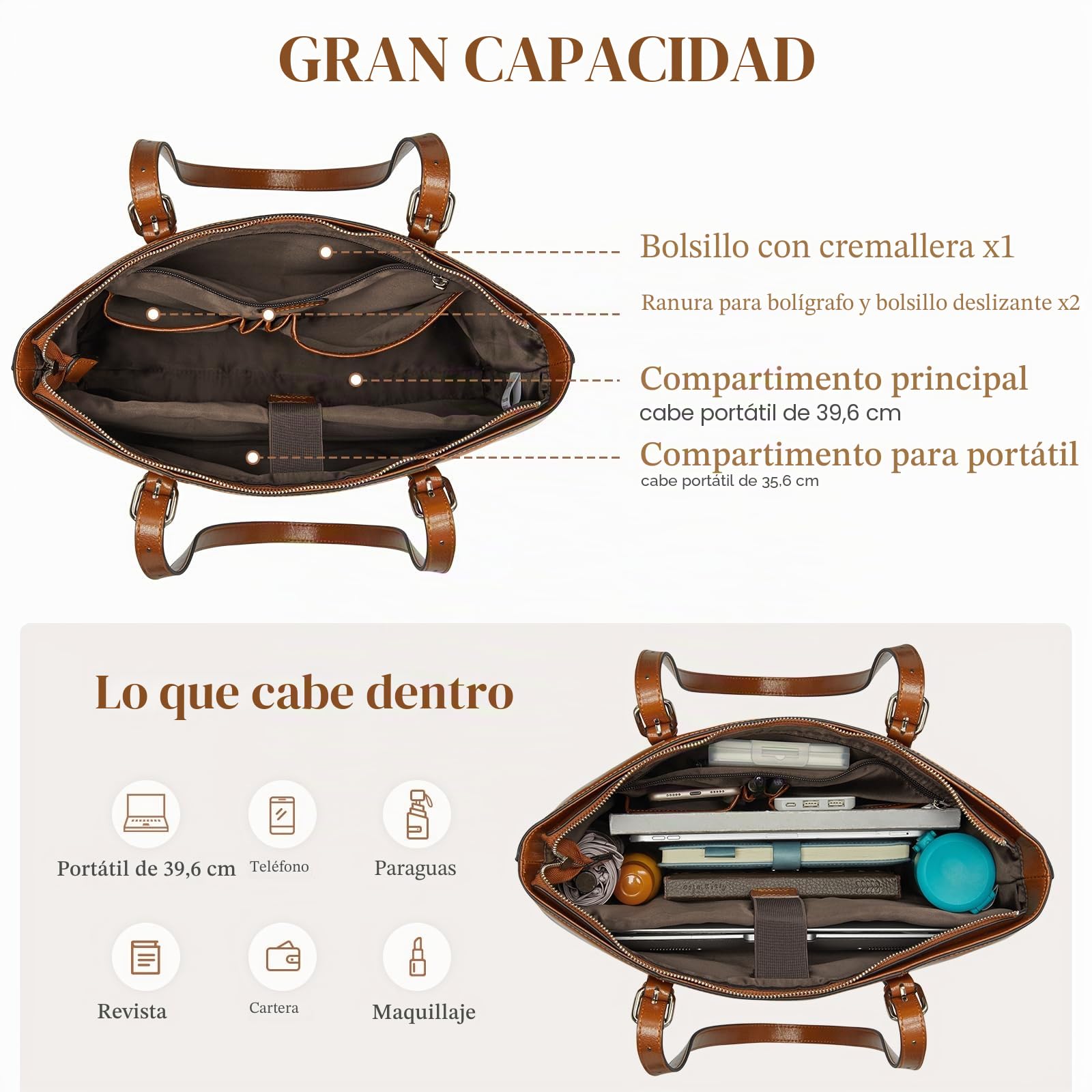 S-ZONE Bolso de mano de piel para laptop de 15.6 pulgadas con correa cruzada para mujer