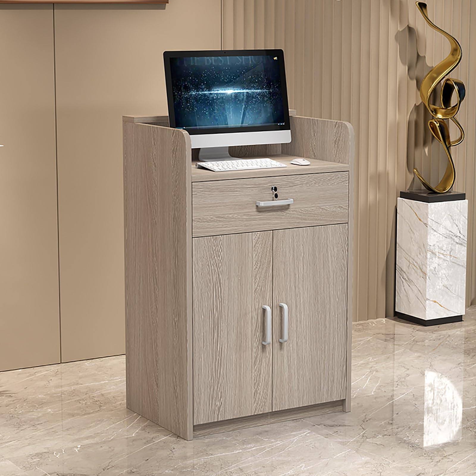 Rezeptionstheke Empfangs theke Klein Empfangstheken Büro theke Rezeption Tisch Empfangstheke mit Abschließbaren Schubladen Moderner Empfangstresen, for Büro/geschäft(Gray oak,31.4*15.7*35.4in)