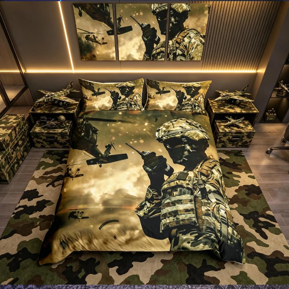 Homemissing American Soldier Bedding Set Boys Teens Under Mission Comforter Cover Helicopter Duvet Cover for Girls Kids Camouflage Bedroom Decor Military Themed Bedspread Cover Double Size