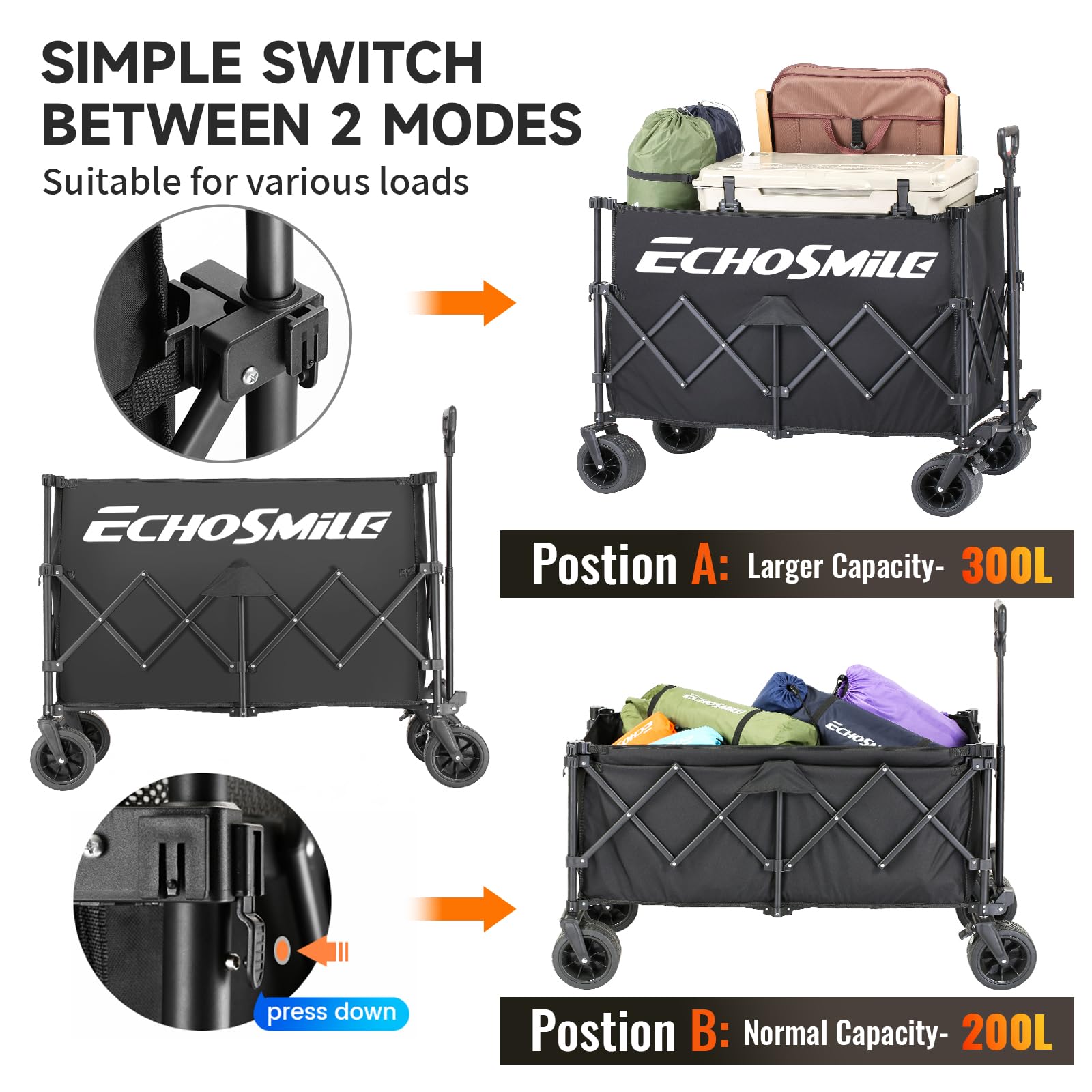 EchoSmile XXXXL Chariot Pliable 300L 227KG, Version Plus Haute du Chariot de Plage avec Grandes Roues Tout-Terrain, Le Camping, Jardin & Les Courses, Noir