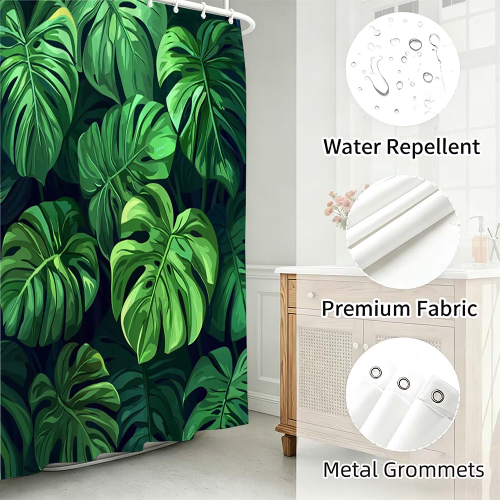 Verde smeraldo Tenda Doccia 240x200cm, Tenda per Doccia Tessuto Poliestere Impermeabile Asciugatura Rapida con 12 Anelli, Tende Finestra Bagno e Vasca Pieghevole Shower Curtain Piante tropicali J-588