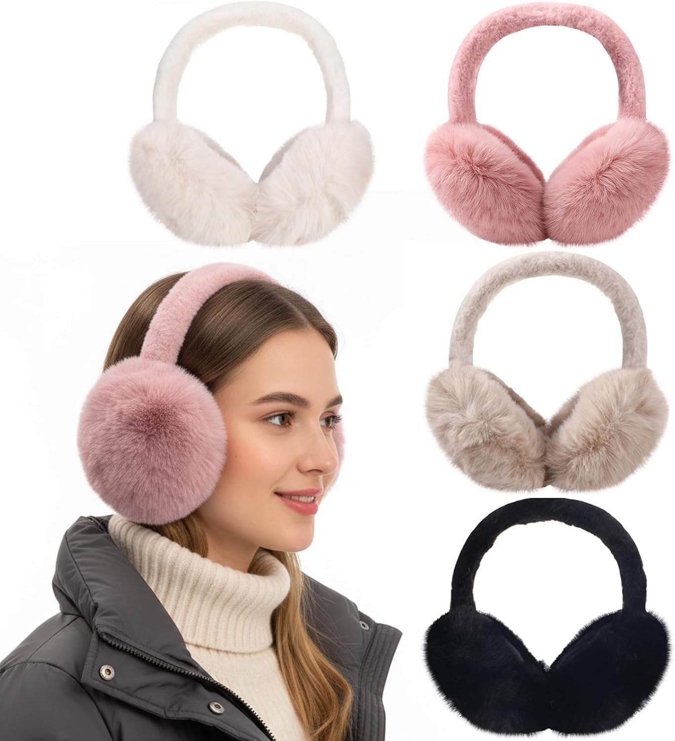 Cutecrop 4 Pack Winter Earmuffs for Women Adjustable Faux Fur Warm Earmuffs Foldable Ear Warmers For Cold Weather Soft Fluffy Ear Covers For Women Outdoor