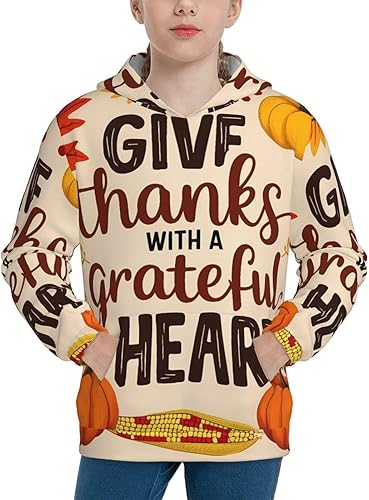 Thanksgiving With A Grateful Heart Print Kid Hoodies Boys Youth Sweatshirts Girls Pullover with Pocket(Small)