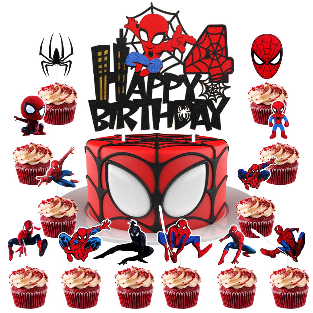 Tortendeko Zahlen 4, 25 Stücke deko torte Junge, 4 Decoration de Gateau Anniversaire, Birthday Kuchendeko 4 jahre, Cake Topper Kindergeburtstag, HeroTheme muffin Geburtstagsdeko fur Enfants